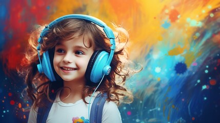 Playful little girl, child listening to music in headphones, enjoying over colorful abstract background. Neural network ai generated art