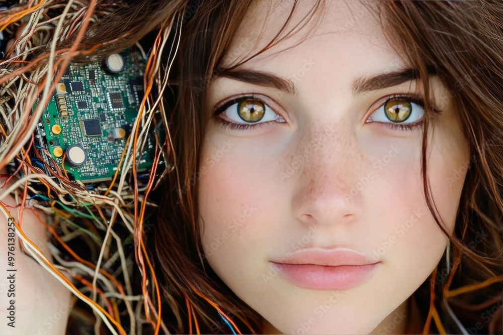 Aufkleber close up portrait of a woman with wires and circuits symbolizing technology thought and the connecti