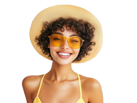 Young woman with curly hair in a yellow bikini and straw hat smiling on a sunny day at the beach