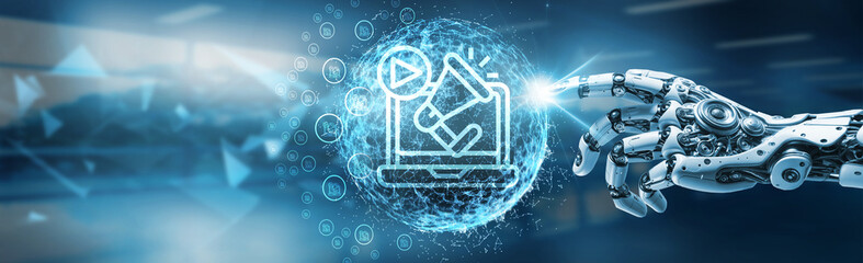 Robot hand holding a global network connection, symbolizing technology and futuristic advancements in digital advertising. This represents innovation, connectivity, and transformation in the digital .