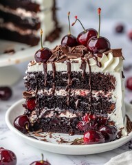 A slice of black forest cake decorated with whipped cream and cherries on a white background, cut-out, clipping path, Schwarzwälderkirsch, Sahnetorte