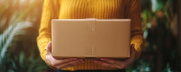A person holding a cardboard box in a vibrant environment, ready for shipping or delivery, symbolizing logistics and care.