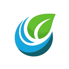 Obraz premium rundes Logo Symbol aus einem blauen Wasser Tropfen, einem grünen Blatt und einer Welle auf leeren weißen Hintergrund als Vorlage für Ökologie Umwelt Nachhaltigkeit und Recycling Schutz Wachstum Natur