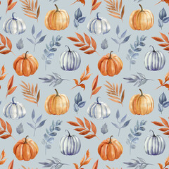 Autumn pattern Watercolor painting dry Leaves, flowers, floral Elements, pumpkin. Seasonal accents elegant fall designs