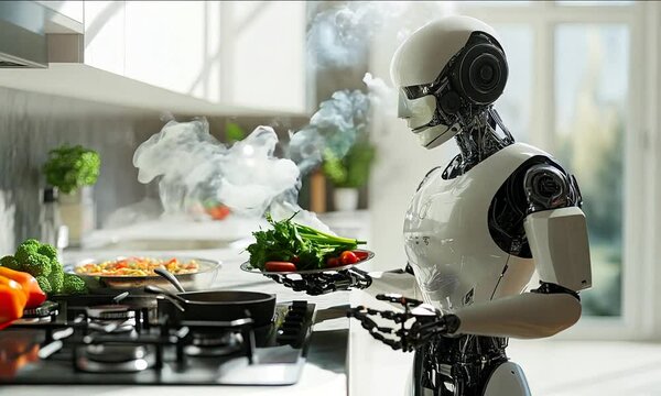 An android robot cooking in a house. Slow motion.