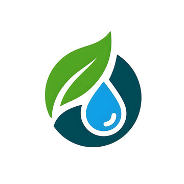 rundes Logo Symbol aus einem blauen Wasser Tropfen, einem gr&uuml;nen Blatt und einer Welle auf leeren wei&szlig;en Hintergrund als Vorlage f&uuml;r &Ouml;kologie Umwelt Nachhaltigkeit und Recycling Schutz Wachstum Natur