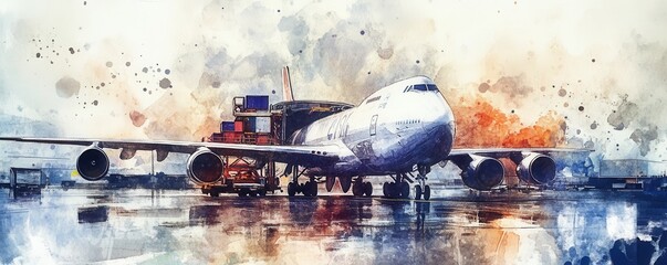 Naklejka premium A vibrant watercolor painting of a large cargo airplane at an airport, showcasing loading operations and dynamic colors.
