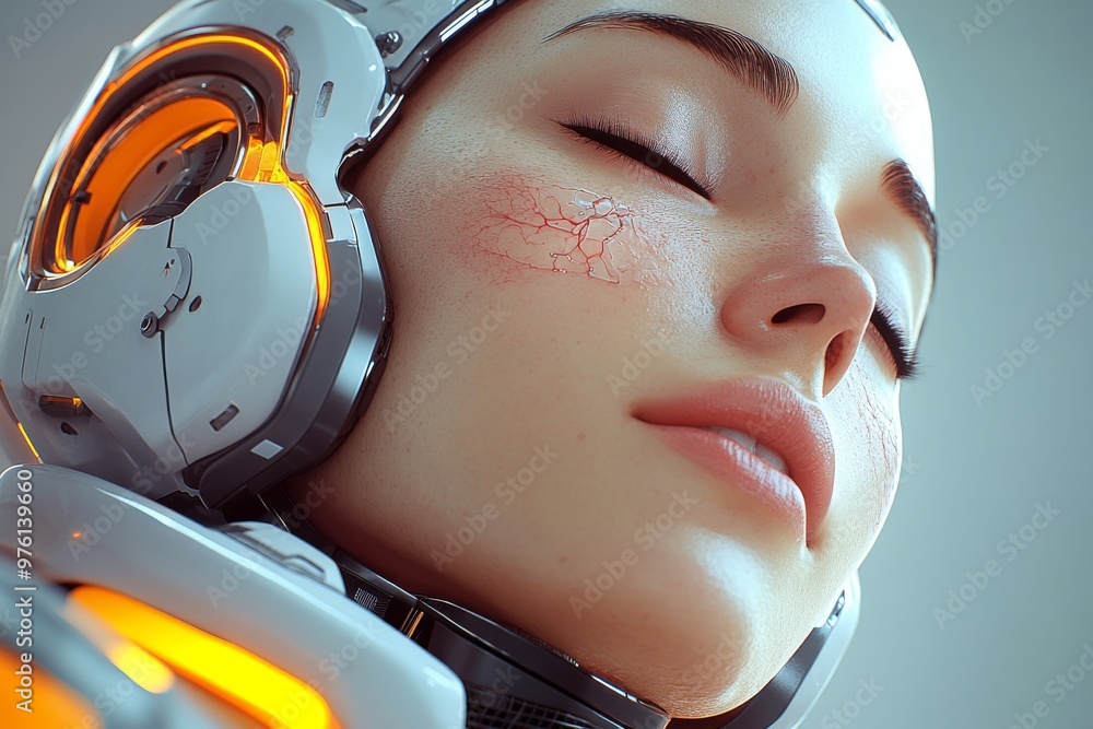 Aufkleber close up portrait of a woman in a futuristic helmet symbolizing the integration of human and machine