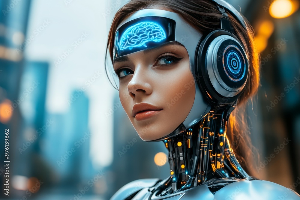 Poster futuristic portrait of a woman with glowing neural implants symbolizing cognitive enhancement techno