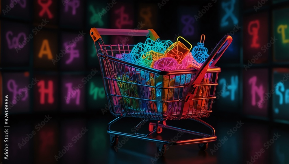 Poster neon shopping cart filled with colorful items in the dark.