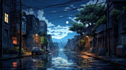 Obraz premium A reflective illustration of a quiet street in the rain under a steel blue sky