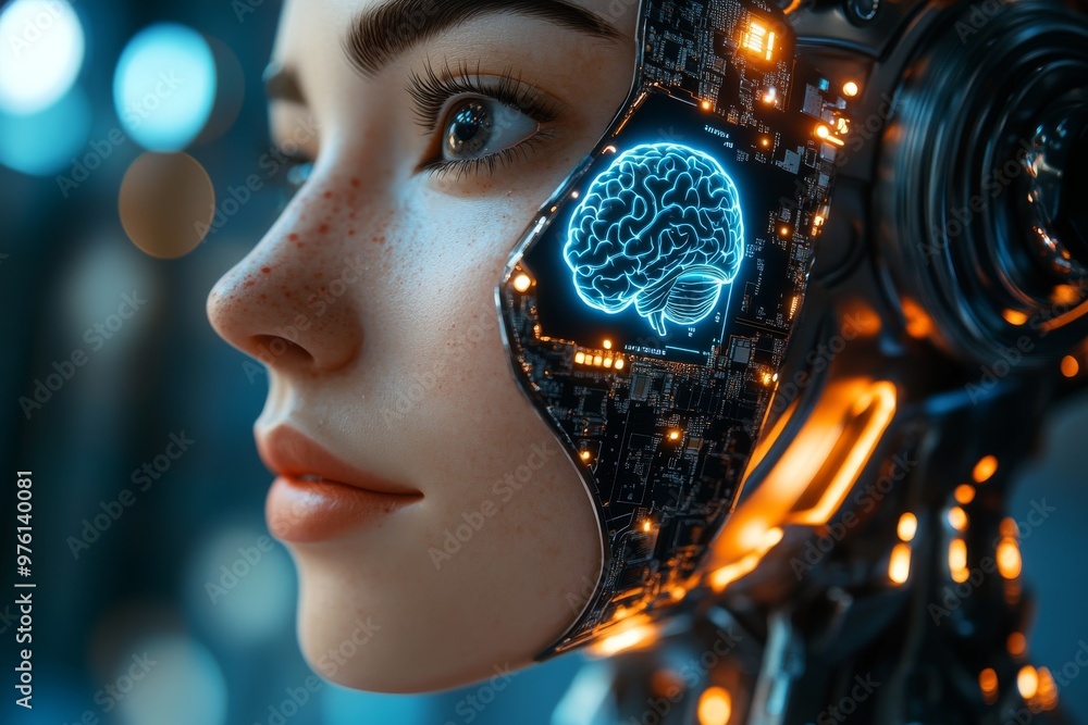 Aufkleber close up portrait of a woman with a digital brain interface symbolizing the integration of thought t