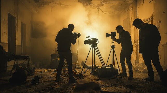 Ghost hunter team setting up equipment in a dark, abandoned building with ghostly orbs under moody lighting