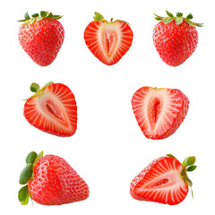 Set of whole Strawberry, half and slice with leaf in the air isolated on transparency background
