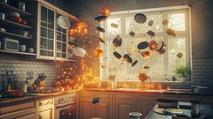A chaotic kitchen experience with dishes and utensils flying during a poltergeist event at dusk