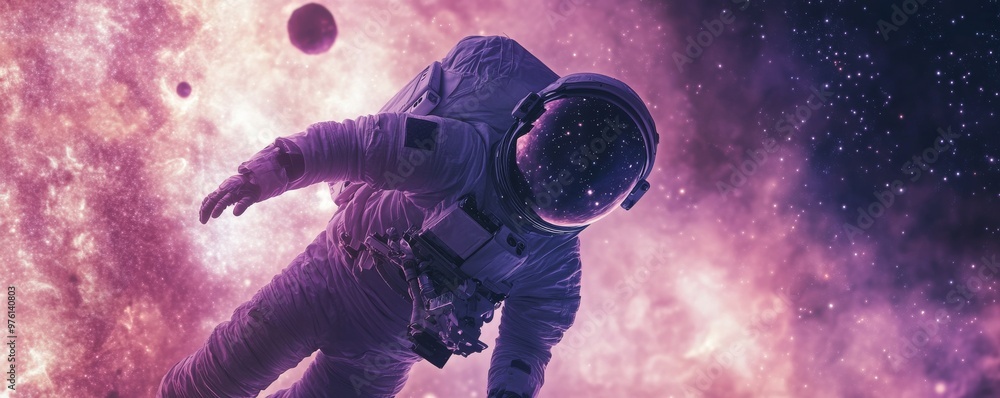 Poster astronaut floating in space discovering new planets