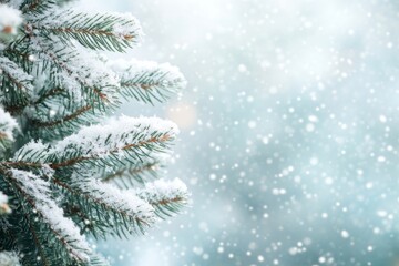 Stunning snow covered christmas tree branches with blurred falling snow and copy space banner