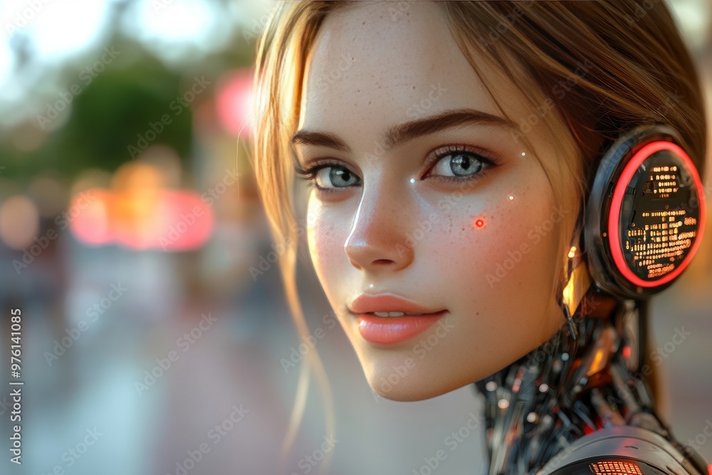 Poster portrait of a woman with glowing neural data streams symbolizing the future of technology and its fu