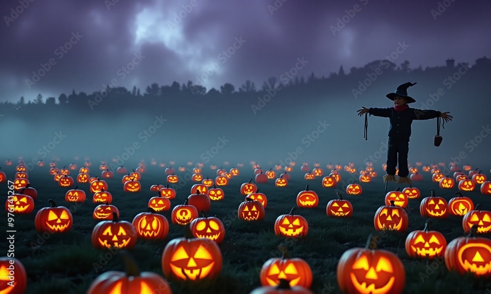 Fototapete A field filled with glowing jack-o'-lanterns of various sizes, with a misty background and a scarecrow standing guard