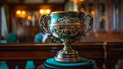 Ornate Silver Trophy on a Green Velvet Base in a Dimly Lit Room