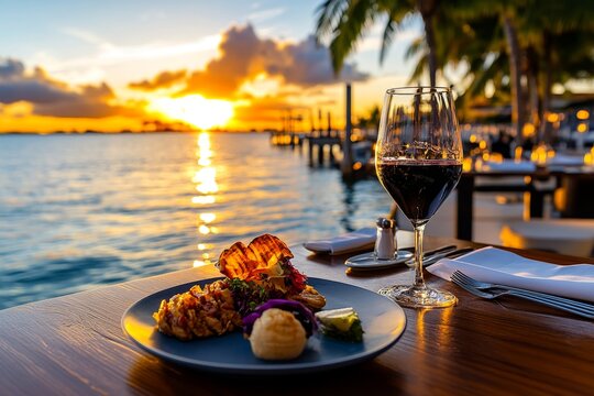 Miami&acirc;&euro;&trade;s Waterfront Dining represented in a food-themed infographic, highlighting the best restaurants with waterfront views along Biscayne Bay and the Miami River
