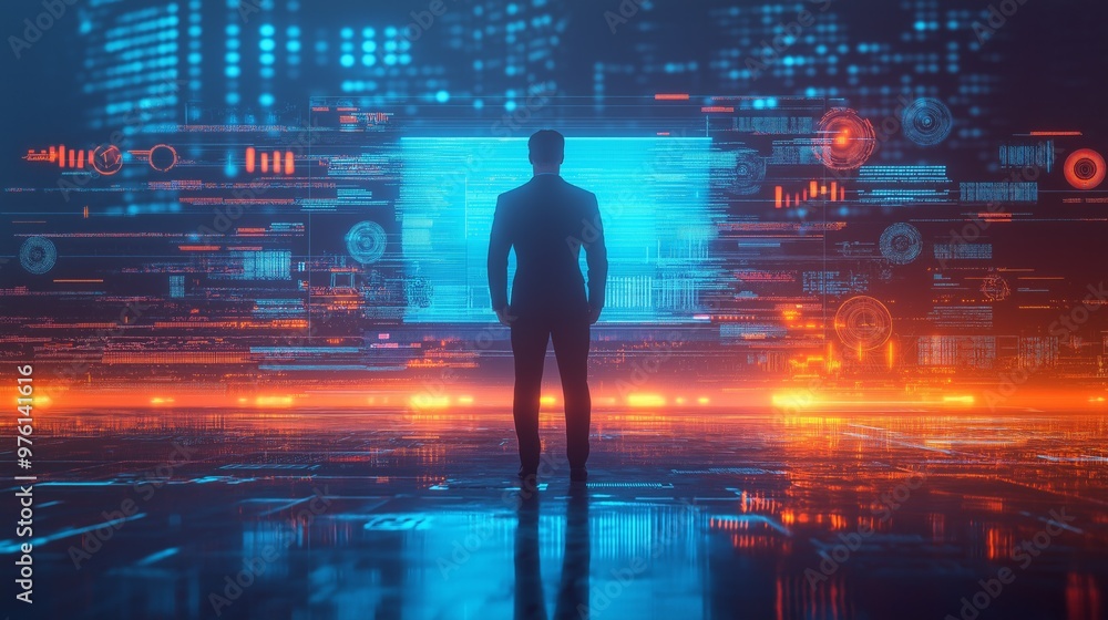 Poster scientist observes parallel universes on a holographic display in a futuristic laboratory setting fi