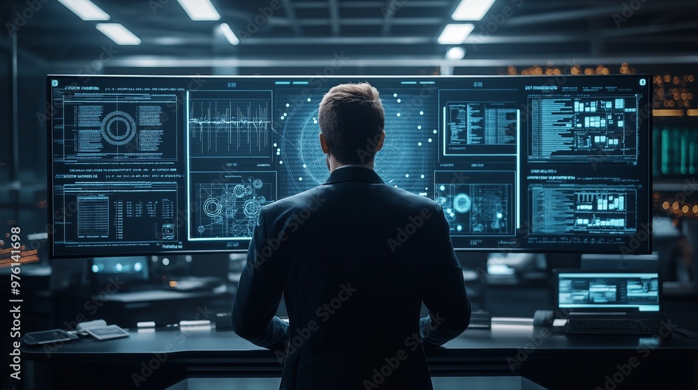 Poster scientist analyzes holographic display of parallel universes in a futuristic lab setting with advanc