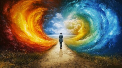 Fototapeta premium A time traveler explores crossroads of vibrant timelines leading to a dystopian future and a utopian world