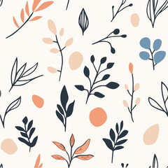 Minimalist vector seamless pattern with hand drawn botanical elements