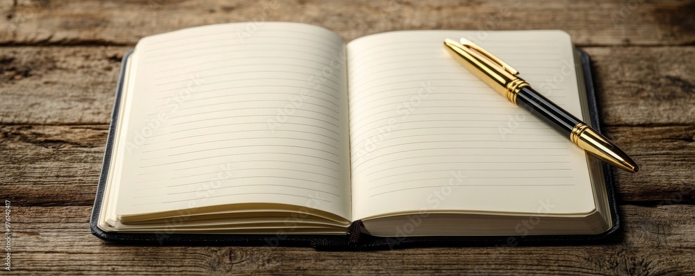 Poster open notebook lying on rustic wooden table with elegant pen