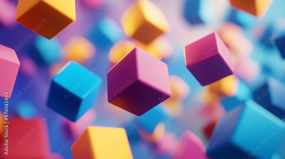 Poster a colorful and abstract background with floating cubes.