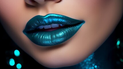 Fototapeta premium Woman face in glowing blue makeup paint. Neural network ai generated art