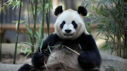 Obraz premium A Gentle Giant Panda Sits Peacefully in a Bamboo Forest, Munching on Leaves with a Serene Expression