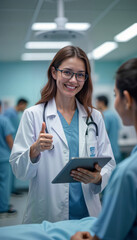 Smiling female doctor demonstrates innovative medical technology on a tablet in a modern hospital setting. Ideal for promoting healthcare advancements, medical articles, and technology in medicine