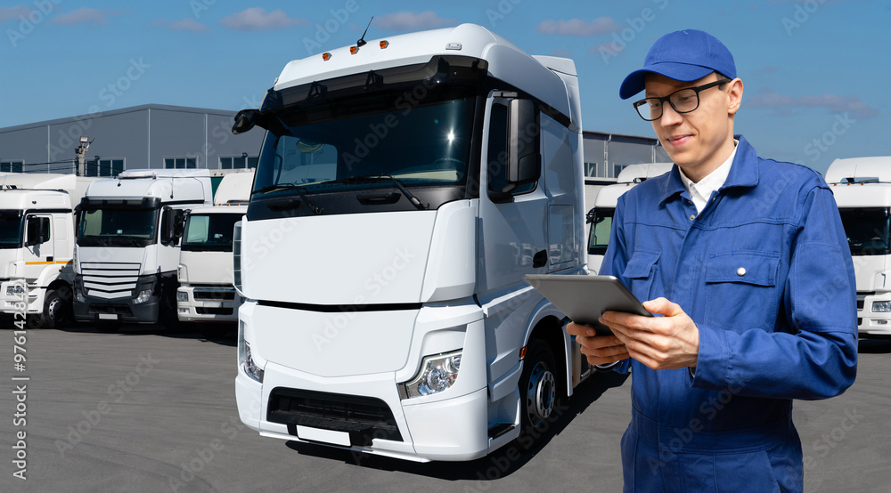Poster fleet manager with digital tablet on a background of trucks
