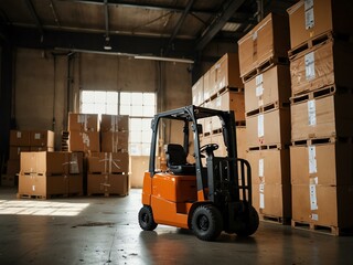 Orange forklift in a sun-filled warehouse surrounded by stacked boxes.
