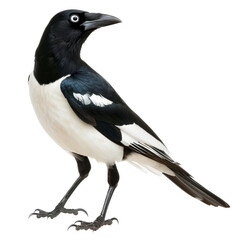 A striking black and white magpie stands proudly on a transparent background, showcasing its unique plumage and sharp features