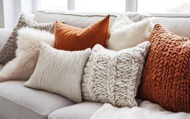 Decorative throw pillows with rich textures and warm tones arranged on a cozy sofa in a well-lit living room during autumn
