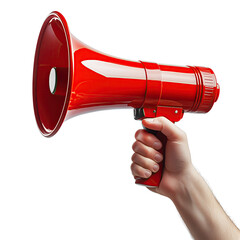 Hand holding a red megaphone against a white background during a public announcement or event