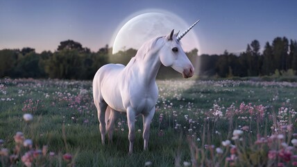 Obraz premium A Striking Unicorn Stands Tall in a Moonlit Meadow, Its Gleaming Silver Horn Glowing