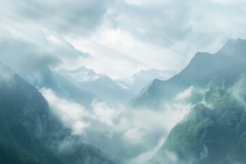 Fototapeta premium A misty mountain range shrouded in a veil of clouds, creating an air of mystery and tranquility