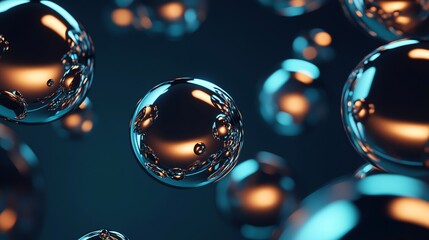 Abstract photo of floating, iridescent spheres against a dark blue backdrop.