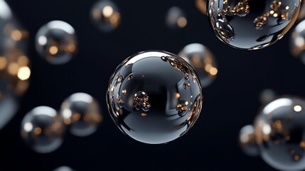 Abstract background with shiny metallic spheres floating in dark space.