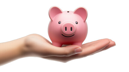 A hand holding a cheerful pink piggy bank symbolizing savings and financial security indoors in a well-lit environment