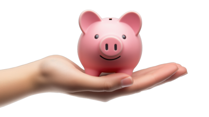 A hand holding a cheerful pink piggy bank symbolizing savings and financial security indoors in a well-lit environment