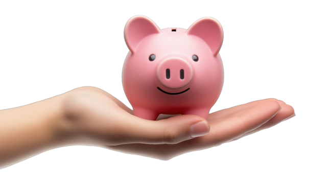 A hand holding a cheerful pink piggy bank symbolizing savings and financial security indoors in a well-lit environment