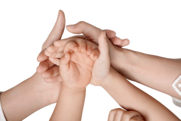 Close-up of multiple hands of different ages symbolizing support, unity, and teamwork concept on a white background. transparent PNG white background.