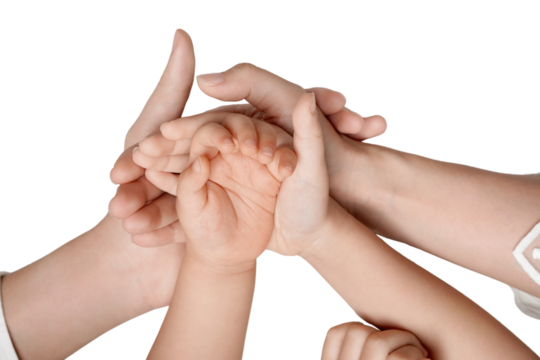 Close-up of multiple hands of different ages symbolizing support, unity, and teamwork concept on a white background. transparent PNG white background.