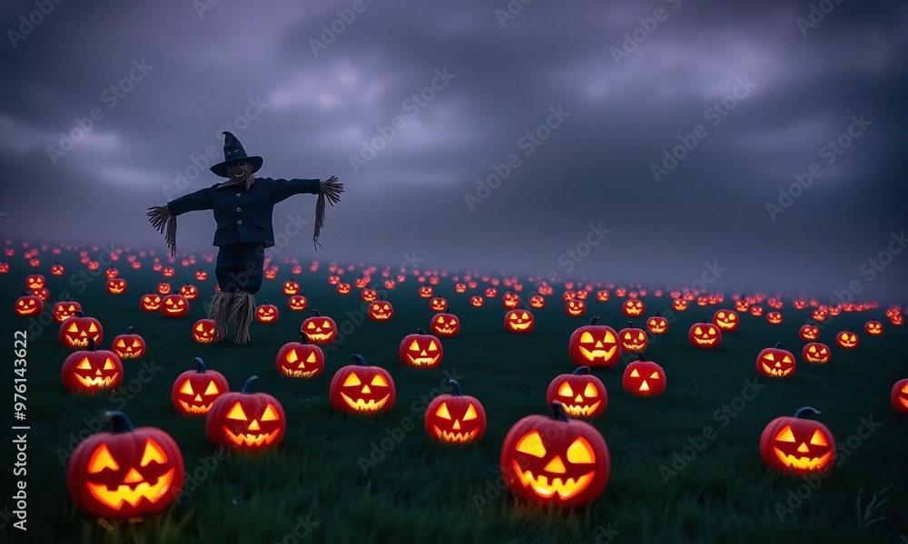 Fototapete A field filled with glowing jack-o'-lanterns of various sizes, with a misty background and a scarecrow standing guard