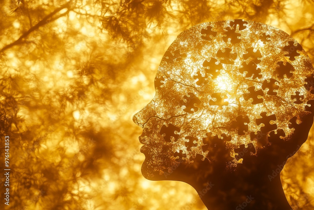 Poster abstract profile of a human head with golden glowing puzzle pieces symbolizing thought intelligence 